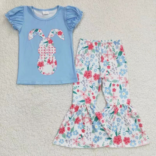 blue cute easter bunny floral bell bottom pants set