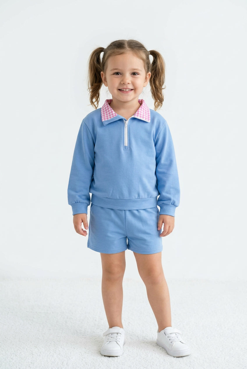 cotton blue zip up pullover shorts set