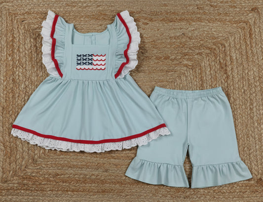coquette flag embroidery lace sleeve shorts set 4th of july girl clothes