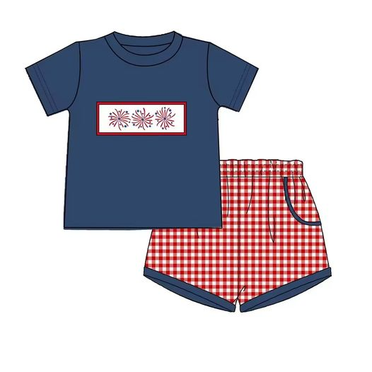 preorder BSSO0787 Fireworks navy blue short-sleeved red and white plaid shorts suit