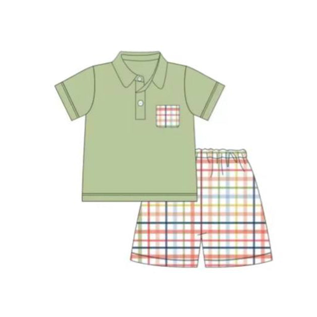 presale BSSO0856 Colorful plaid pocket light green short-sleeved shorts suit