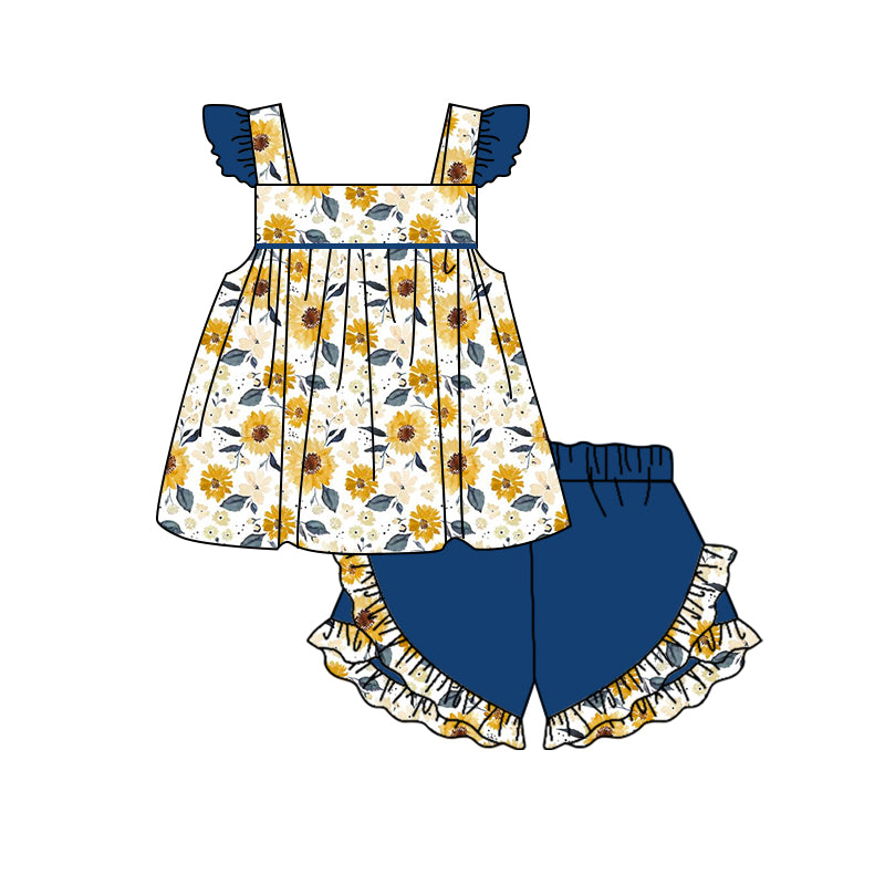 GSSO1006 Floral navy blue lace sleeveless shorts suit