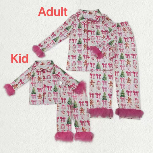 Mama And Me Pink Bows Santa Trees Button Top Pants Christmas Fur Pajamas Sets D 926