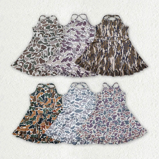 Sibling 6 colors Baby Girls Strap Camo Yoga Ruffle Knee Length Dresses  D 7.8