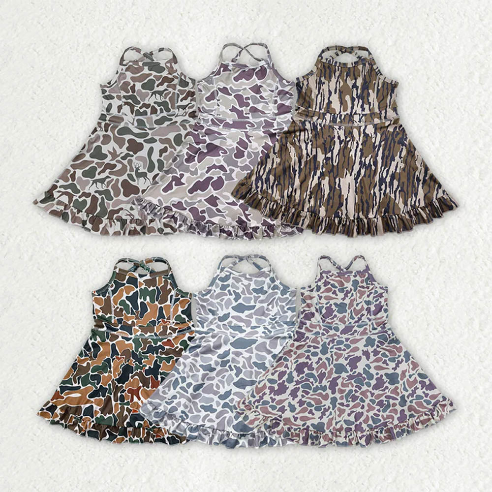 Sibling 6 colors Baby Girls Strap Camo Yoga Ruffle Knee Length Dresses  D 7.8