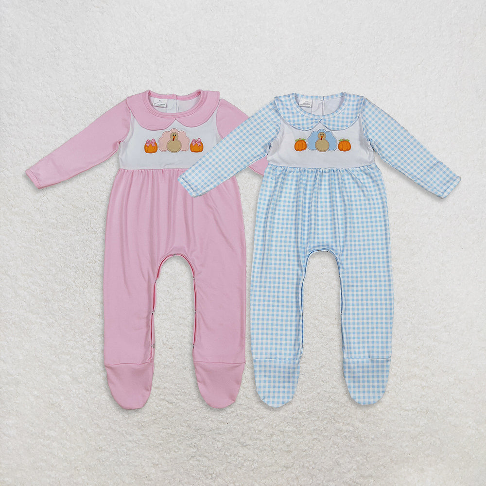Sibling Embroidery Pumpkins Turkey Baby Infant Thanksgiving Fall Footed Rompers D 927