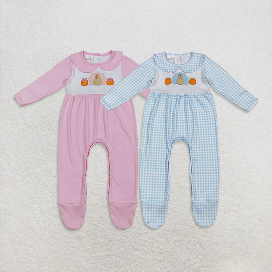 Sibling Embroidery Pumpkins Turkey Baby Infant Thanksgiving Fall Footed Rompers D 927