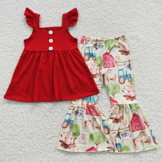 GSPO0587 Girls Farm Horse House Red Vest Pants Set