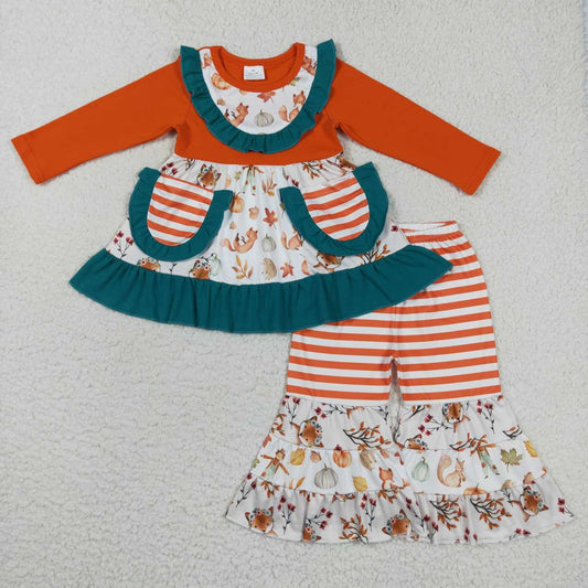 GLP0743 Scarecrow Pumpkin Leaves Orange Striped Pocket Long Sleeve Pants Suit