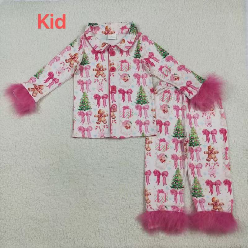 Mama And Me Pink Bows Santa Trees Button Top Pants Christmas Fur Pajamas Sets D 926