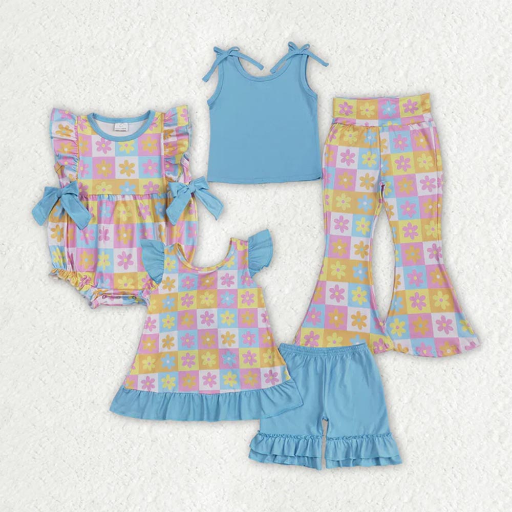 Sibling Baby Girls Blue Top Flowers Rompers Summer Outfits Sets D 7.7