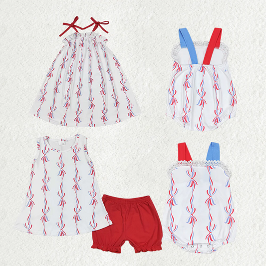 Match Baby Girls 4th Of July Bows Sibling Rompers Dresses Clothes Sets