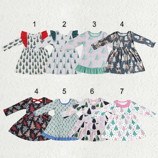 Sibling Baby Girls Bows Trees Plaid Christmas Ruffle Knee Length Dresses   D 1115