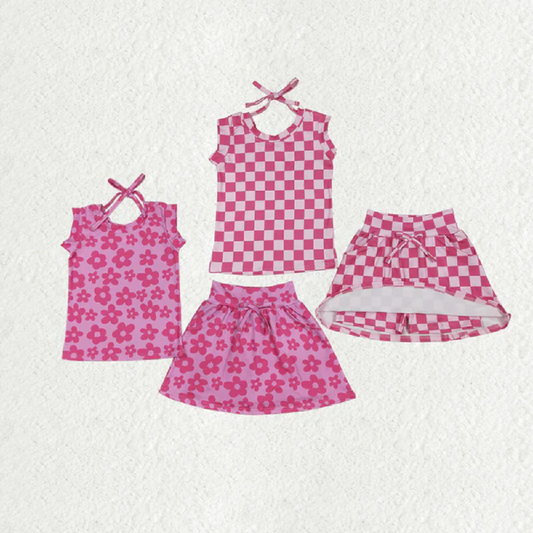Sibling Baby Girls Pink Sleeveless Flowers Plaid Shirts Top Skorts Clothes Sets D 6.18