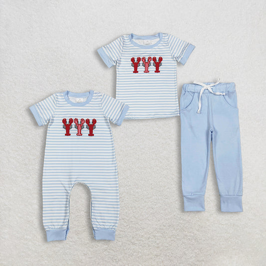 Sibling Baby Boys Embroidered Crayfishes And Stripes Footie Rompers with Pockets - Cute And Comfortable Clothing Set for Little Ones
