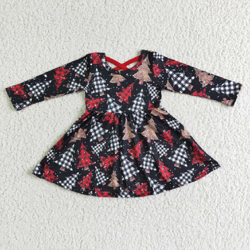 Sibling Baby Girls Bows Trees Plaid Christmas Ruffle Knee Length Dresses   D 1115