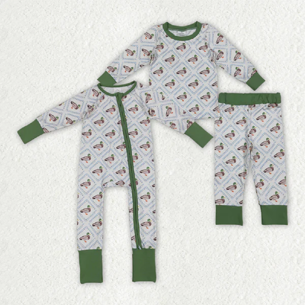 Sibling Baby Boys Long Sleeves Ducks Plaid Top Pant Set Zipper Rompers  D 6.25