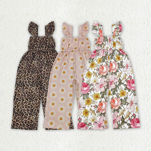 Sibling Baby Girls Flutter Sleeves Peach Daisy Flowers Leopard Bell Jumpsuits D 7.8