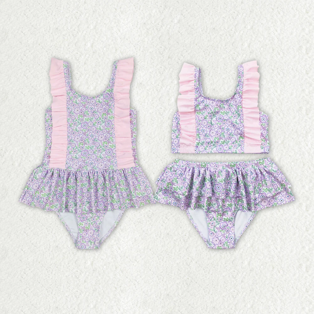 Match Baby Girls Summer Lavender Flowers Sibling Sister Swimsuits