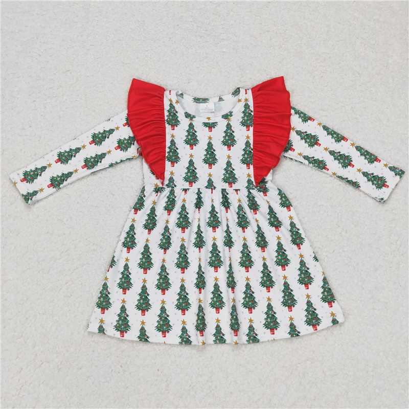 Sibling Baby Girls Bows Trees Plaid Christmas Ruffle Knee Length Dresses   D 1115