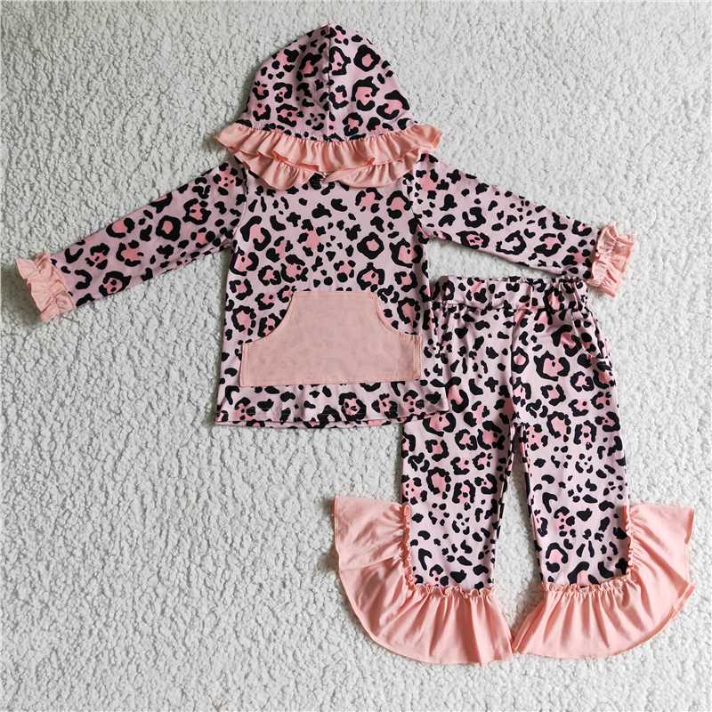 Match Baby Girls Leopard Spring Flowers Hooded Top Pants Clothes Sets