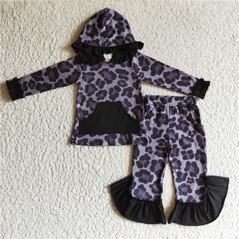 Match Baby Girls Leopard Spring Flowers Hooded Top Pants Clothes Sets