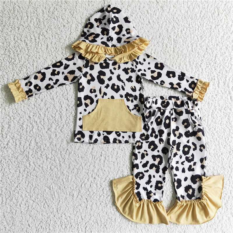 Match Baby Girls Leopard Spring Flowers Hooded Top Pants Clothes Sets
