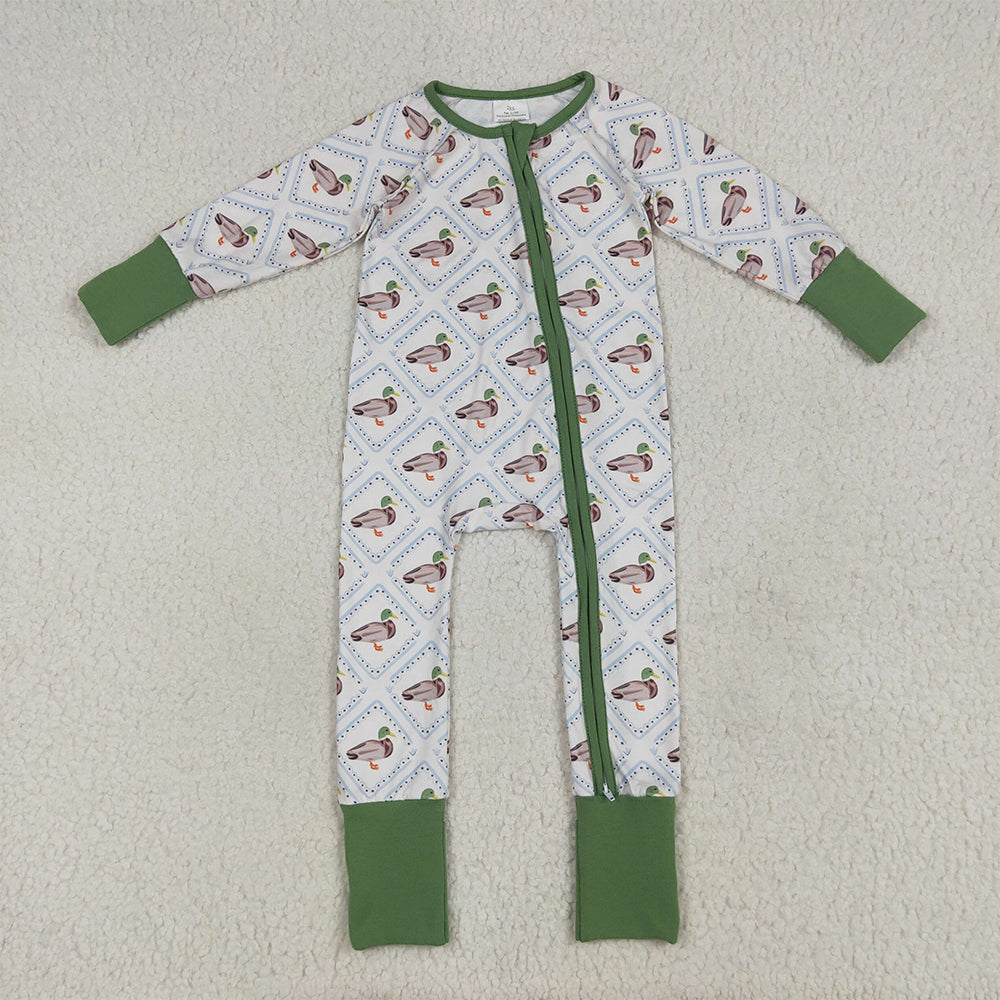 Sibling Baby Boys Long Sleeves Ducks Plaid Top Pant Set Zipper Rompers  D 6.25