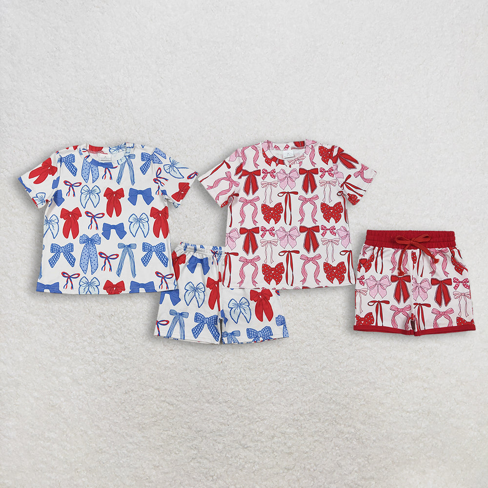 Sibling Baby Girls 4th of July Pajamas Set Short Sleeve Red Bows Top with Pockets Blue Matching Shorts Outfit Clothes Set