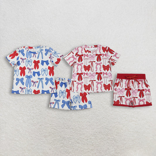 Sibling Baby Girls 4th of July Pajamas Set Short Sleeve Red Bows Top with Pockets Blue Matching Shorts Outfit Clothes Set