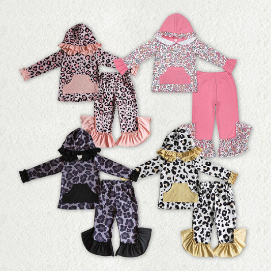 Match Baby Girls Leopard Spring Flowers Hooded Top Pants Clothes Sets