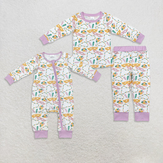 Sibling Baby Girls Mardi Gras Masks Lavender Rompers Pajamas D 1020