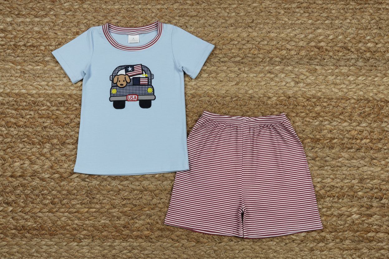 patriotic flag dog truck embroidery shorts set 4th of july boy clothes