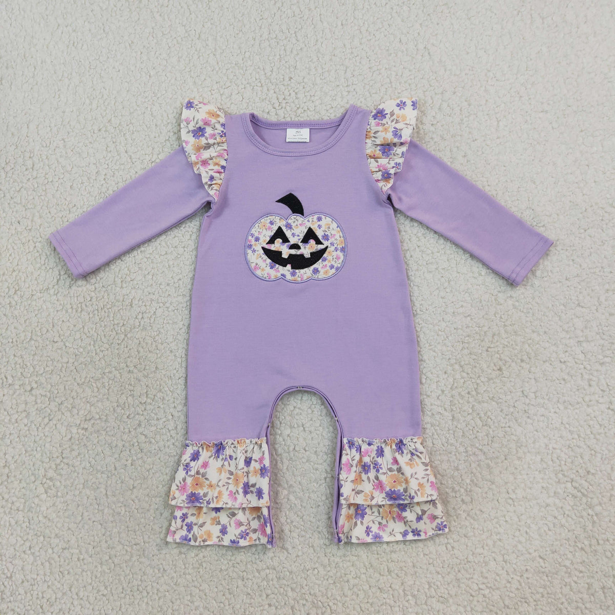 purple floral halloween pumpkin embroidery girl romper