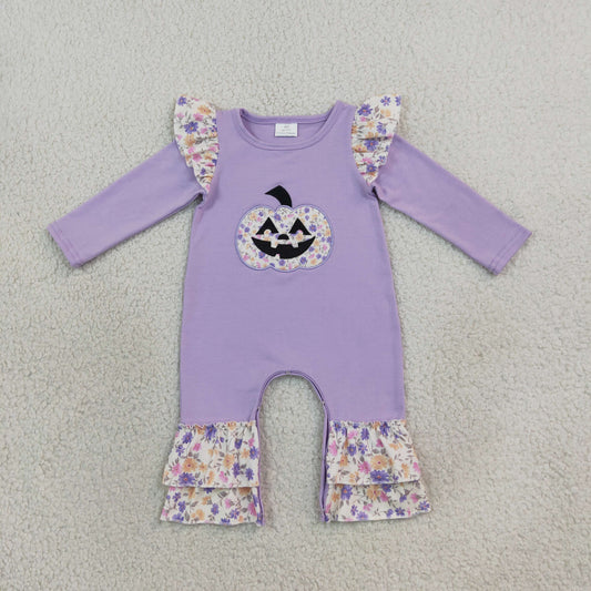 purple floral halloween pumpkin embroidery girl romper