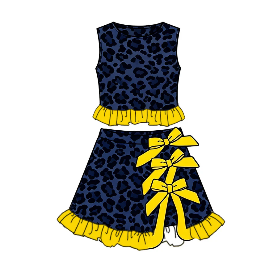Custom order MOQ 3 navy leopard ruffle bow skorts set