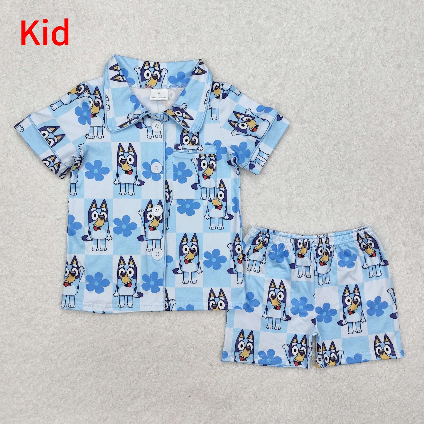 GSSO1800 Baby Girls Dogs Checkered Flowers Buttons Shirts Shorts Pajamas