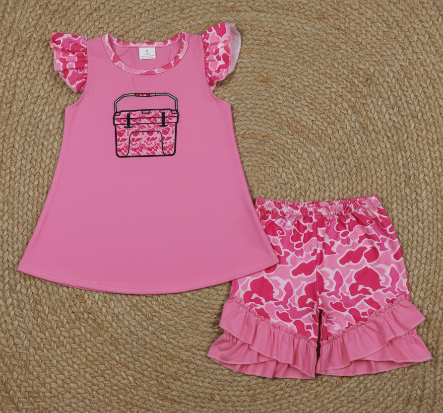 pink camo cooler embroidery girl shorts set