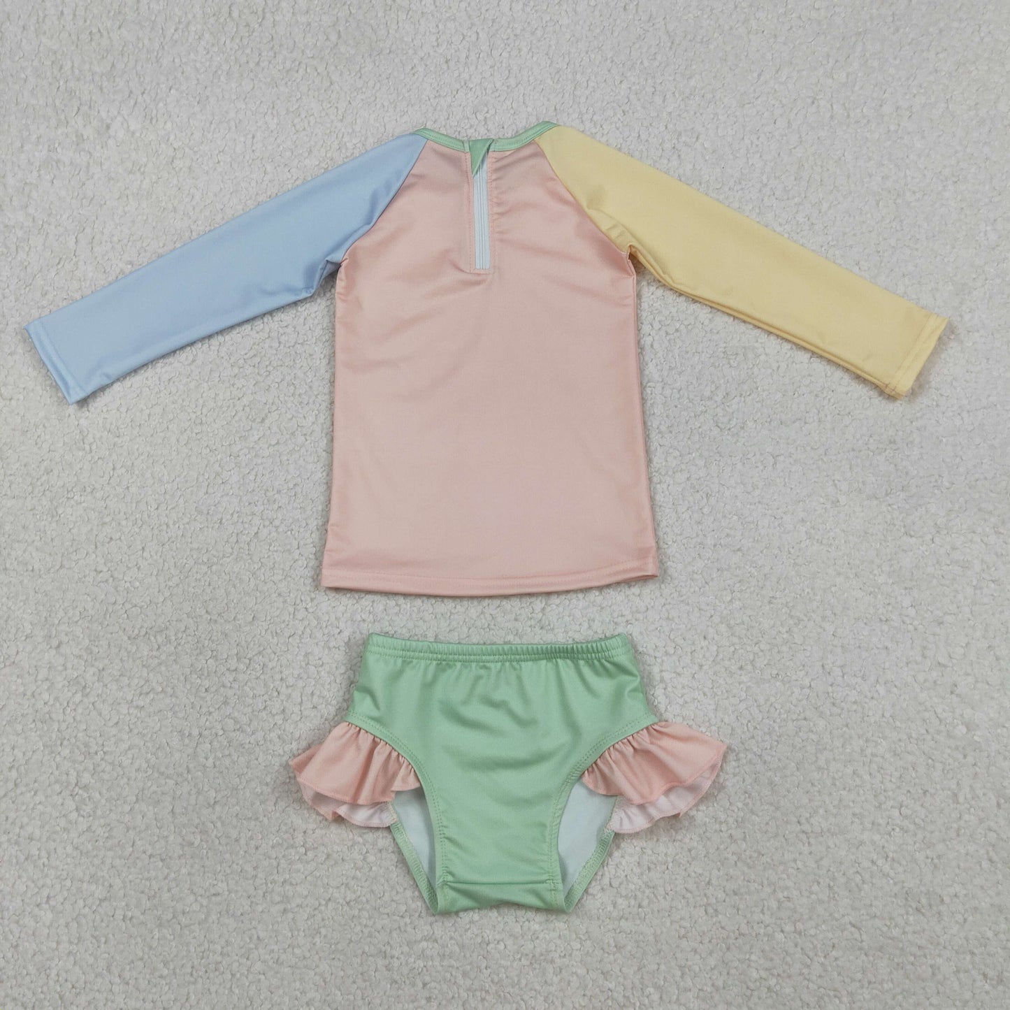 girls colorful long sleeve zip-up rash guard swimsuit set