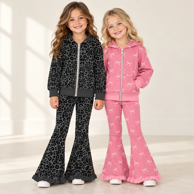 MOQ 5one items TAT 7-8weeks 95%cotton 5%spandex zippy pullover pants girls outfit