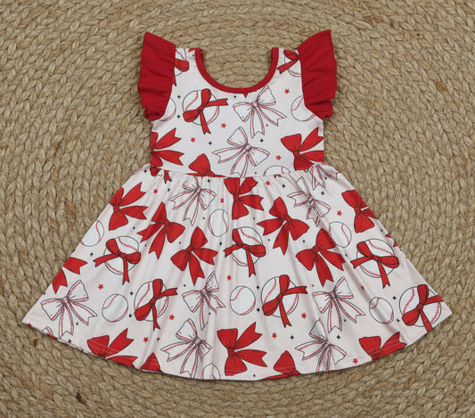 red flutter sleeve baseball twirl dress