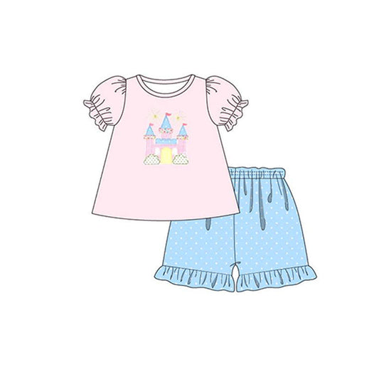 Custom order pink castle girl shorts set (do print)