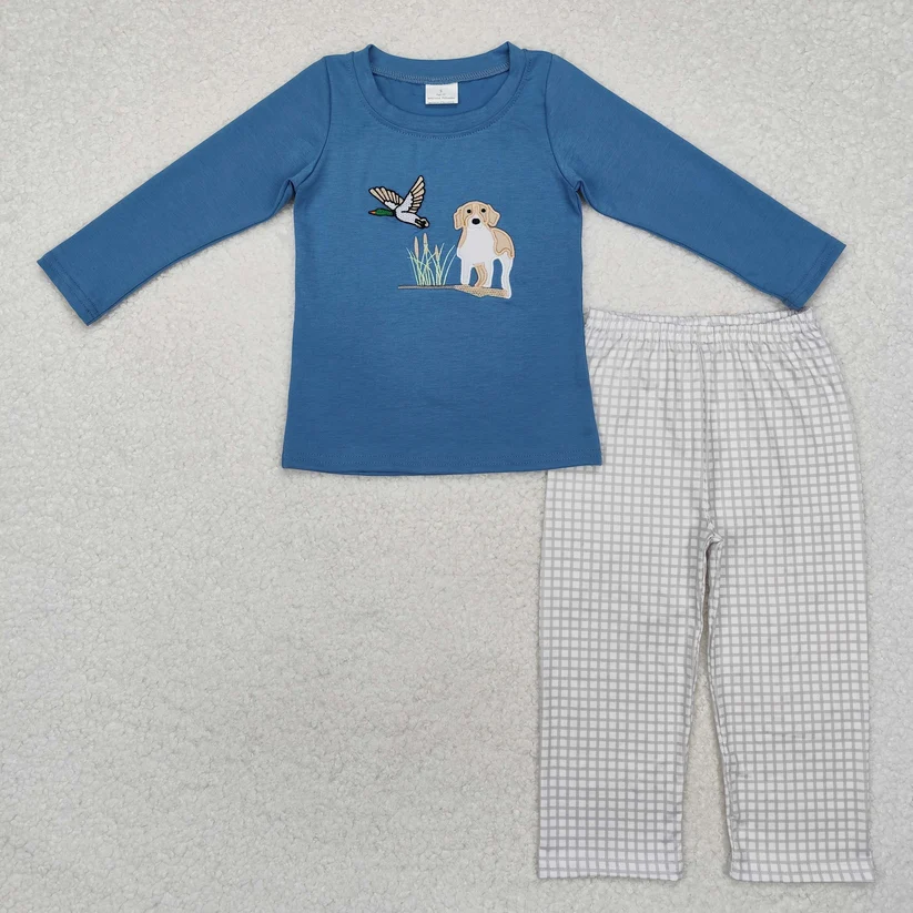 BLP0919  Embroidery Duck Dog Long Sleeve Plaid Pants Set