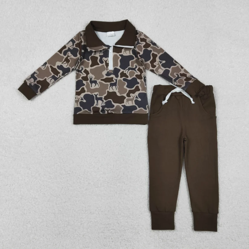 BLP1270 Baby Boys Brown Deer Camo Zipper Pullovers Joggers Set