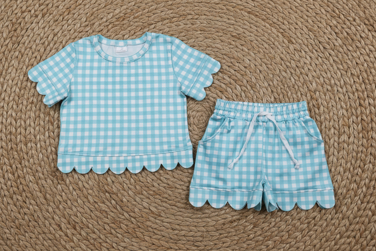 blue plaid gingham scallop shorts set summer clothing