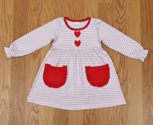 valentine's day pink stripes red heart print pocket dress