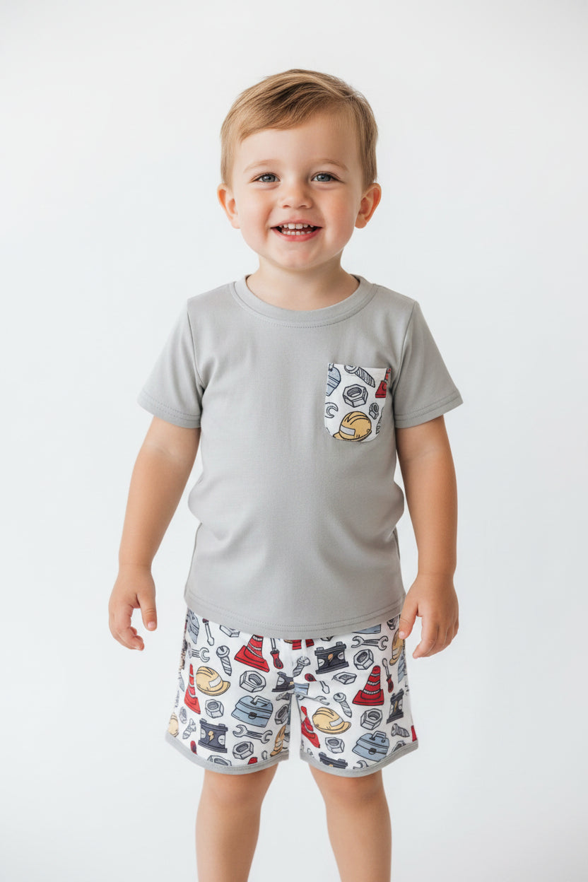 construction time shorts set summer boy clothing