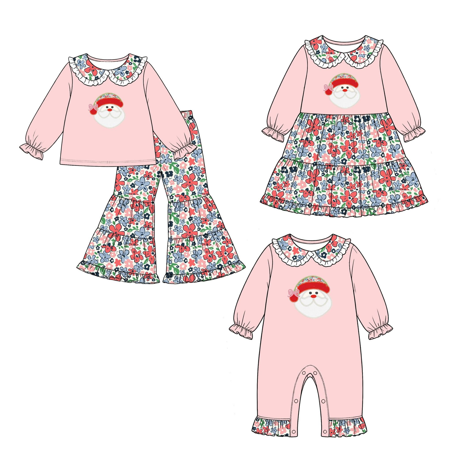 Pre order pink christmas santa floral sibling clothing