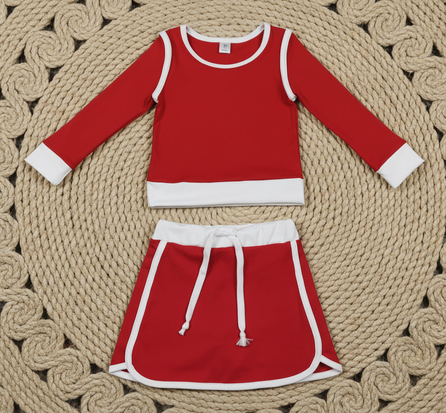long sleeve solid red pullover skort set outfit