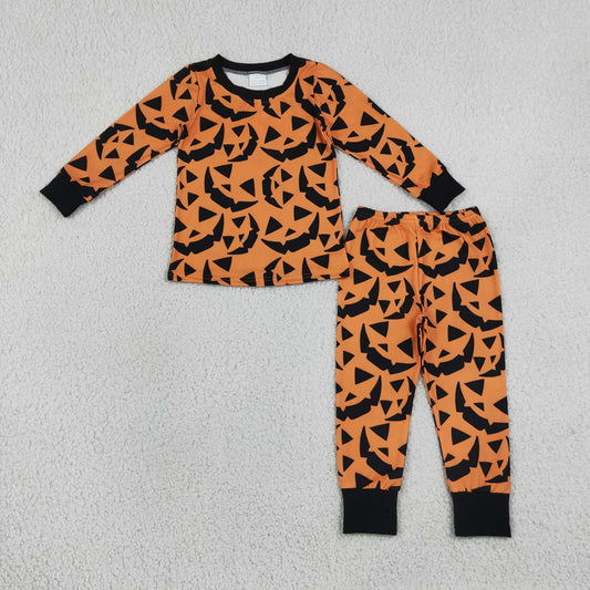 orange with black halloween pumpkin face boy two pieces pajamas